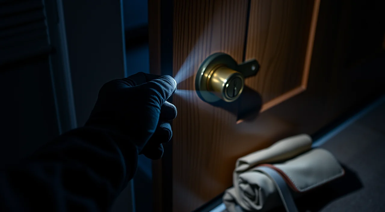 A torch beam picking out a door lock cylinder at night with a tool roll open on the doorstep