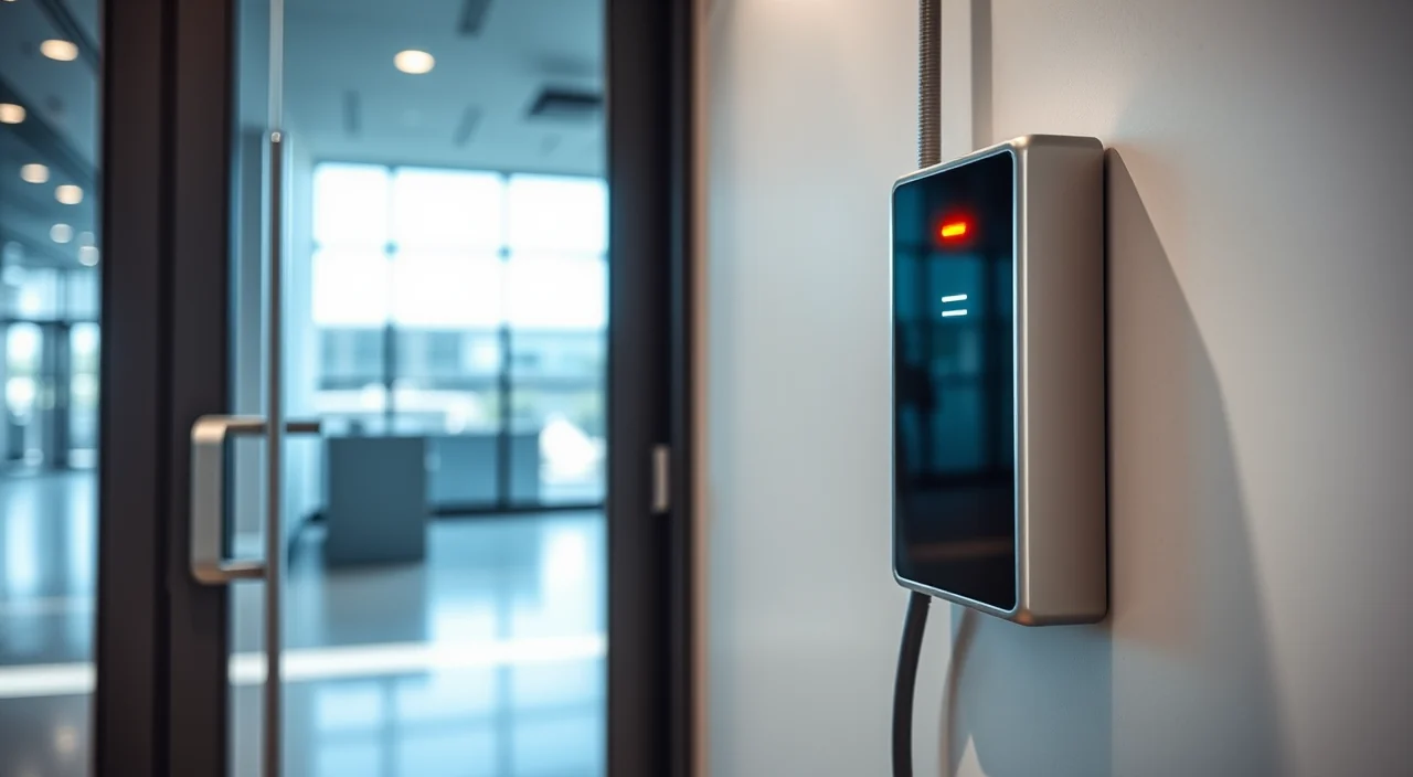 A proximity card reader mounted beside a glass office door with an electric strike in the frame