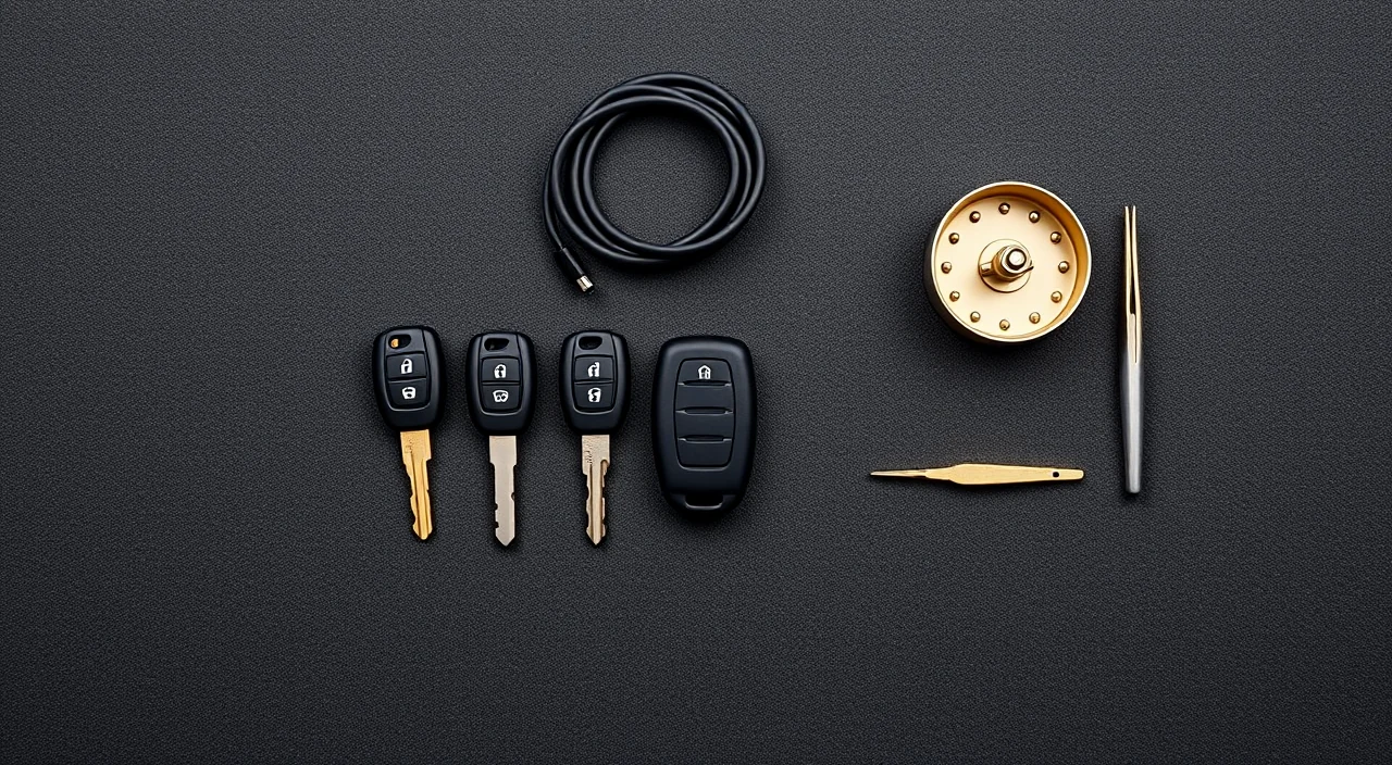 Car keys, a remote fob, a programming lead and locksmith tools arranged on a mat