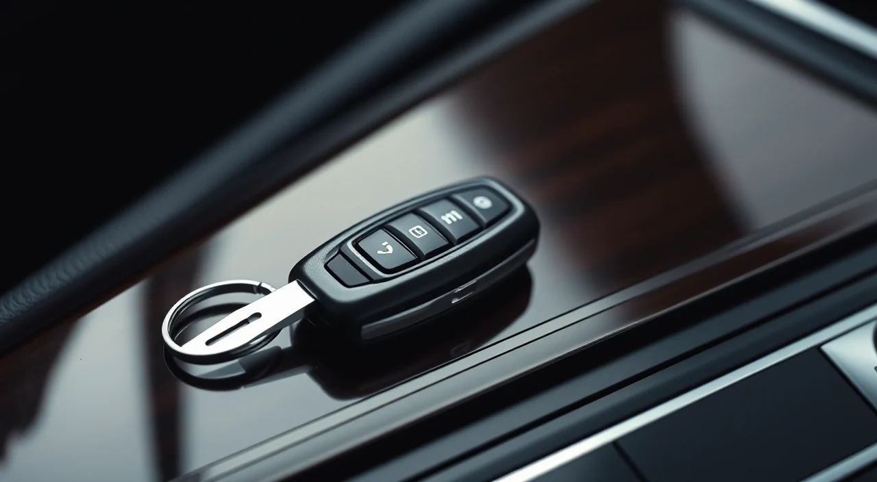 A BMW car key fob with a metal blade key on a dark automotive locksmith workbench