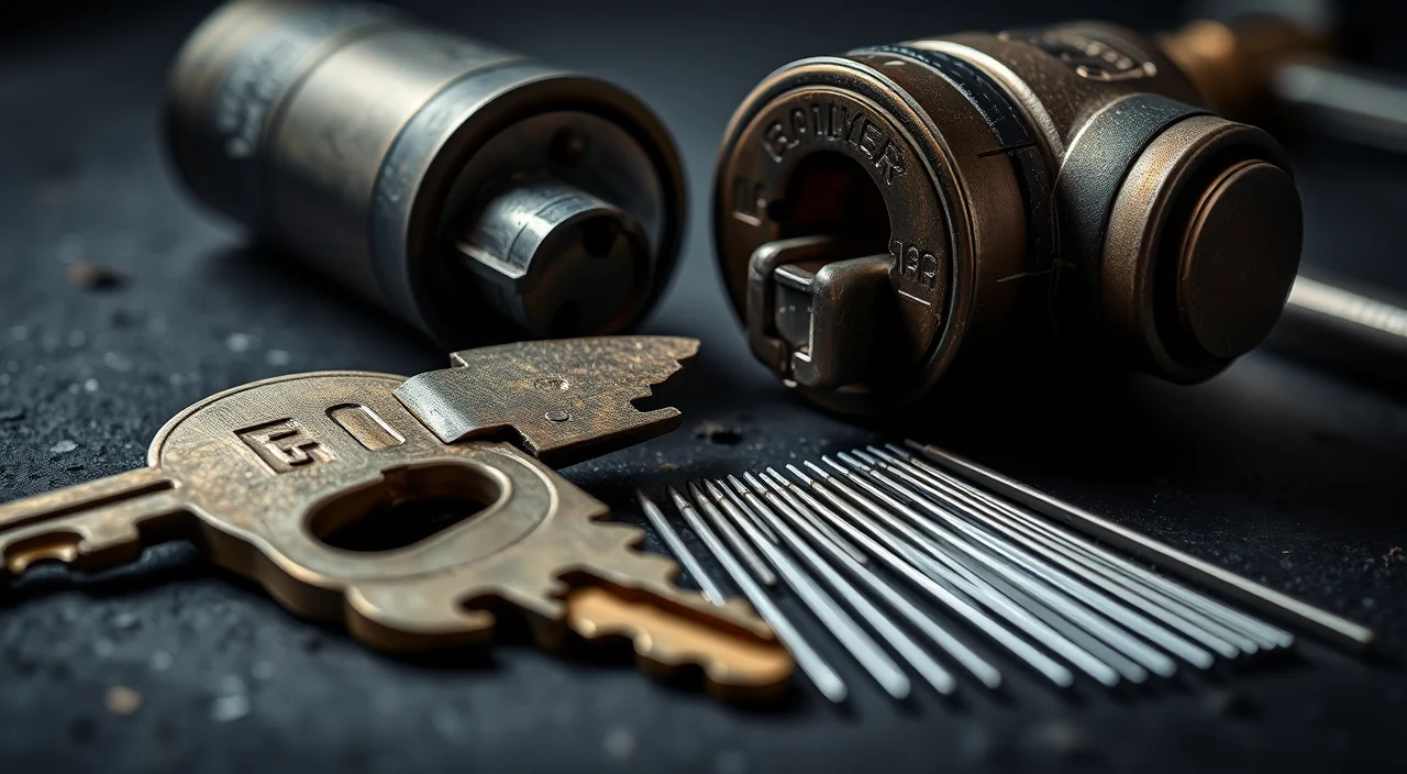 A snapped brass house key beside a removed door cylinder with the broken blade still in the keyway