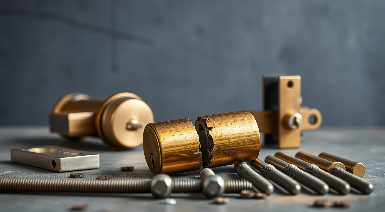 A snapped door cylinder on a workbench beside a replacement cylinder and a box strike