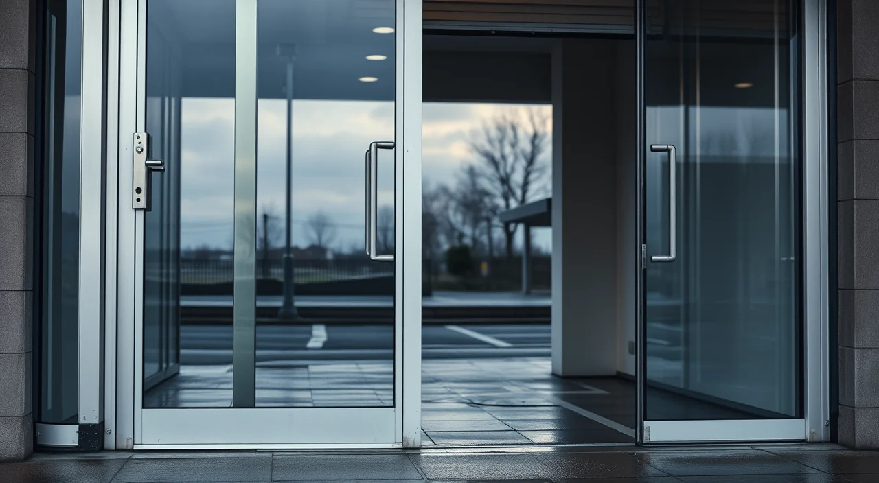 An aluminium storefront door with a deadlatch beneath a half-raised security gate