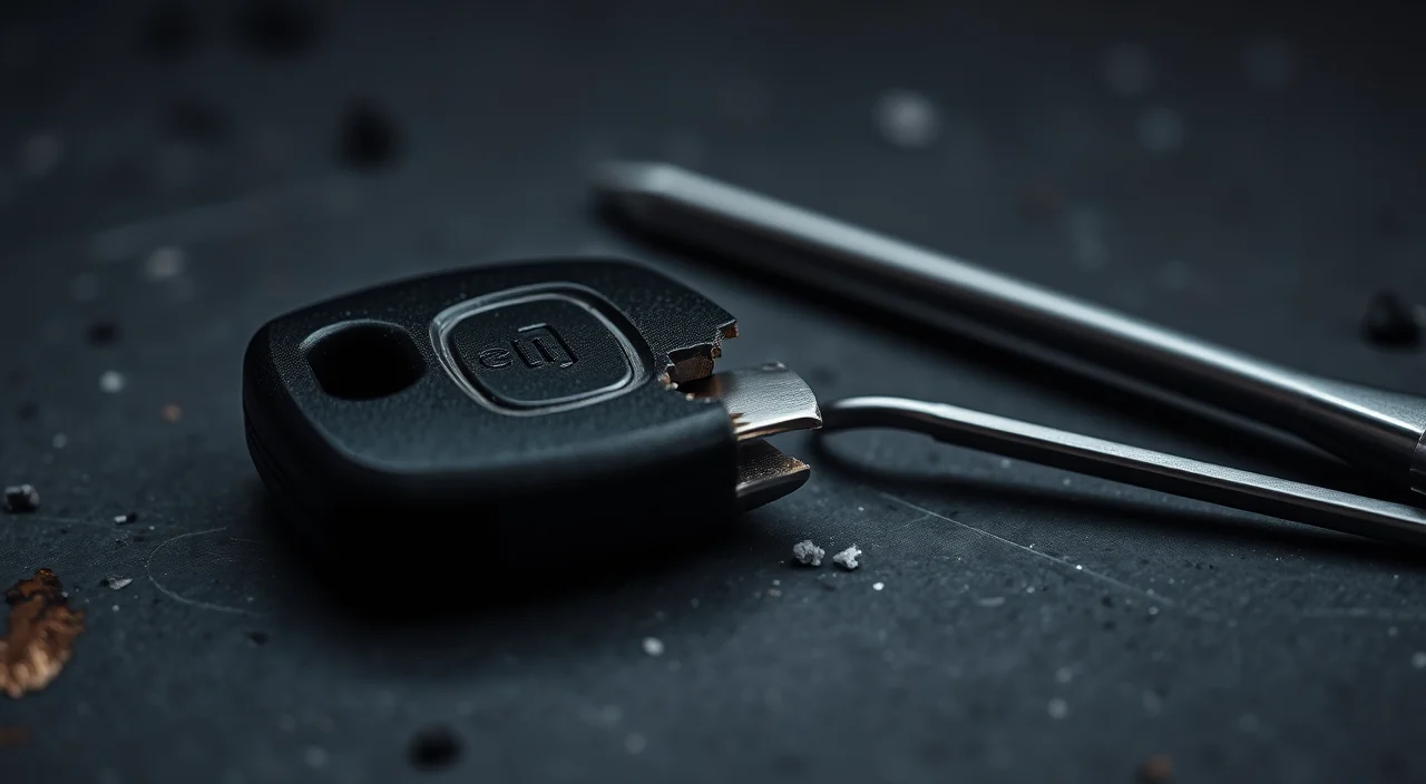 A snapped car key beside a thin steel key extractor tool