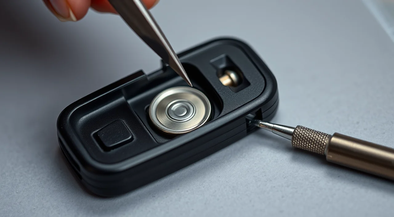 A coin cell battery being lifted from the back of a car remote with tweezers
