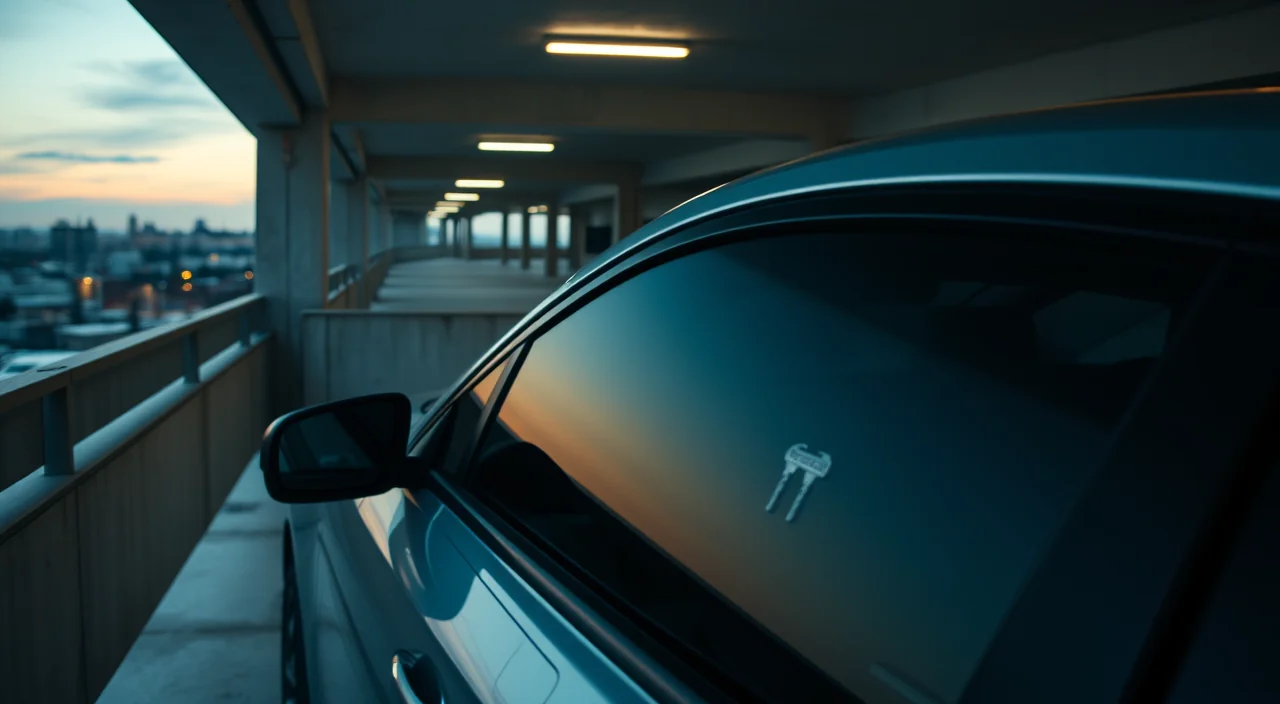 Keys visible on the driver's seat of a locked car in a parking structure
