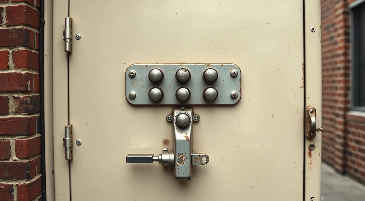 A mechanical pushbutton code lock on a commercial steel back door