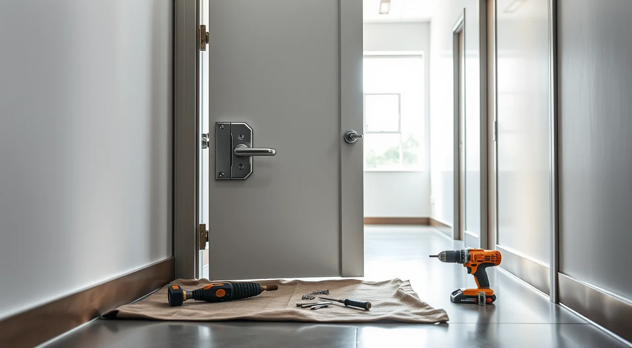 A mortise lock case being fitted into the machined pocket in a commercial door edge