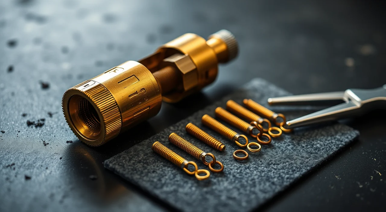 A mortise cylinder taken apart with its brass pins laid out in order on a workbench