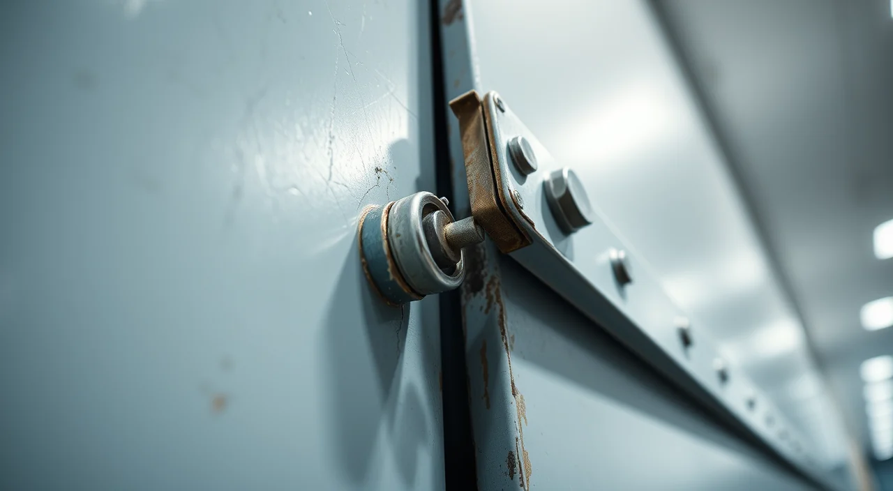 A latch bolt catching on the worn lip of a commercial strike plate