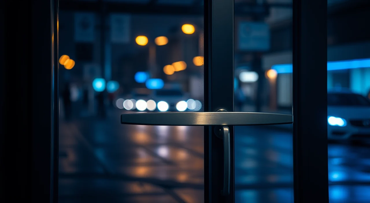 Commercial storefront door with a push bar and overhead closer seen from inside at night