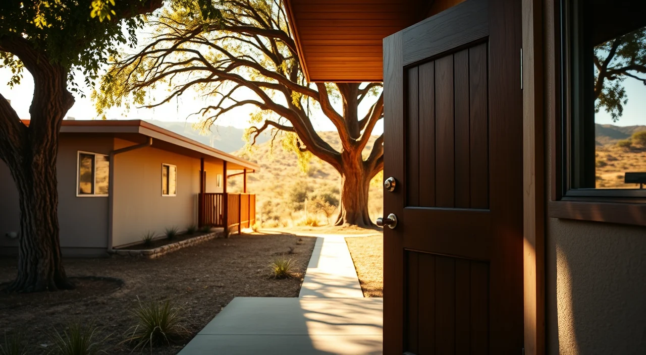 A mid-century flat-panel front door with a narrow sidelight on a Cupertino ranch house