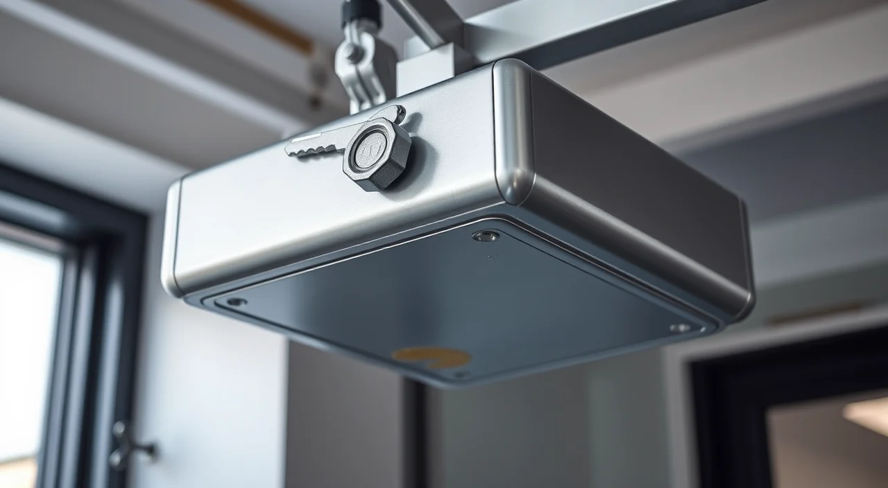 An overhead door closer body and jointed arm at the head of a commercial door