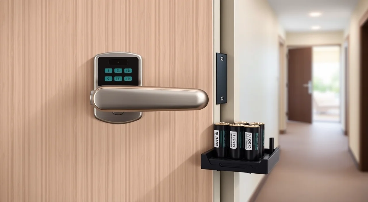A commercial electronic lockset with a card reader escutcheon and the battery cover removed