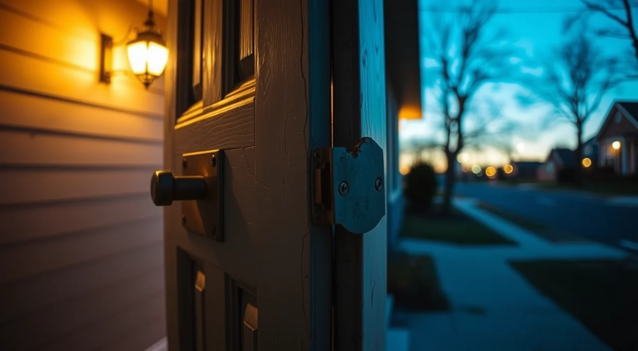 A residential door jamb with a damaged strike plate and splintered timber at the latch