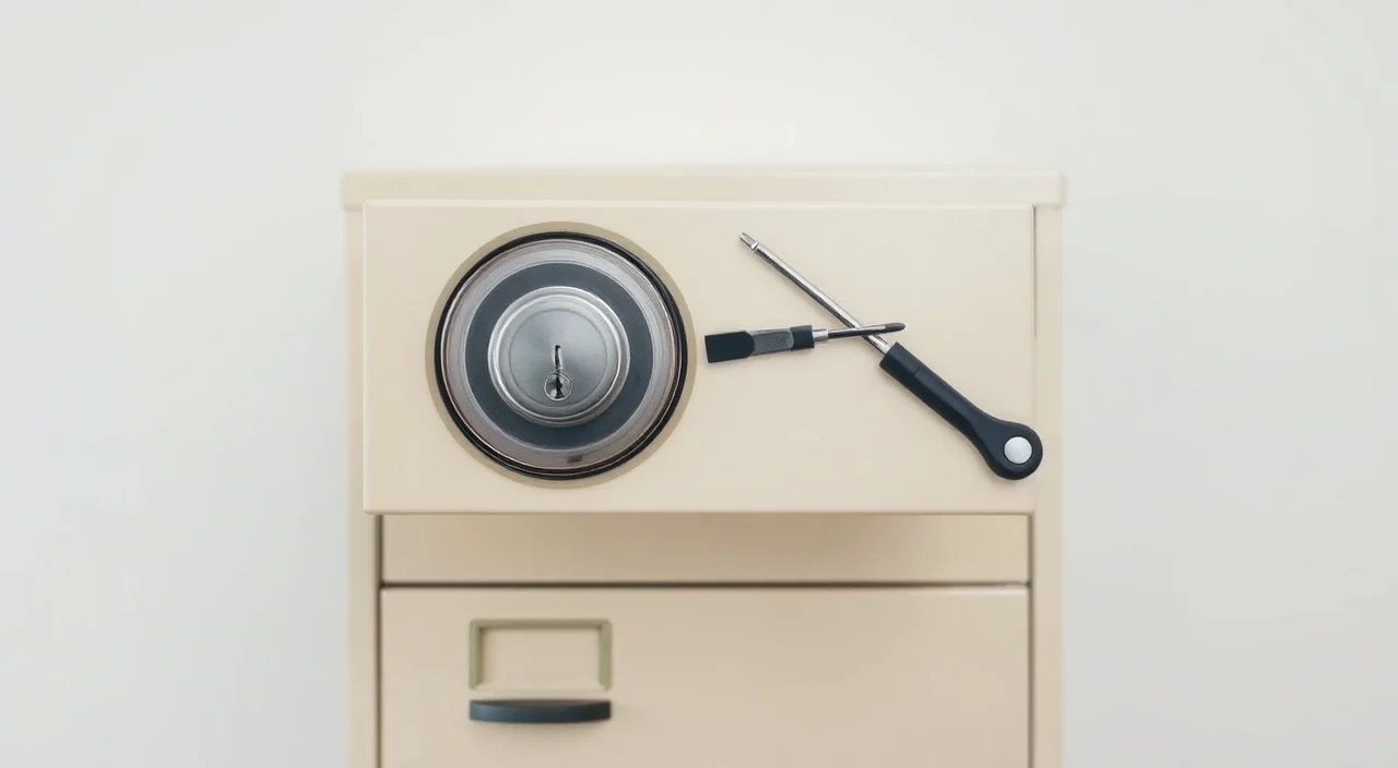 A small cam lock in the face of a steel office filing cabinet with the top drawer open