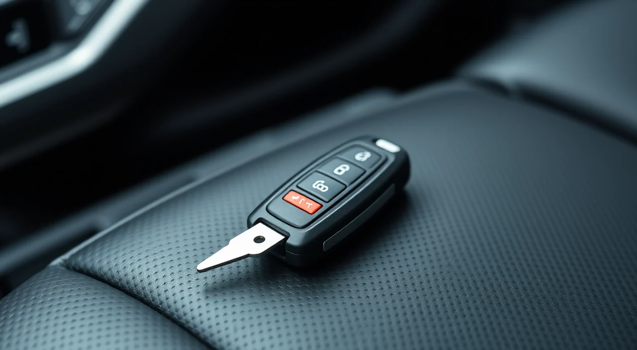 A Ford car key fob with a metal blade key on a dark automotive locksmith workbench