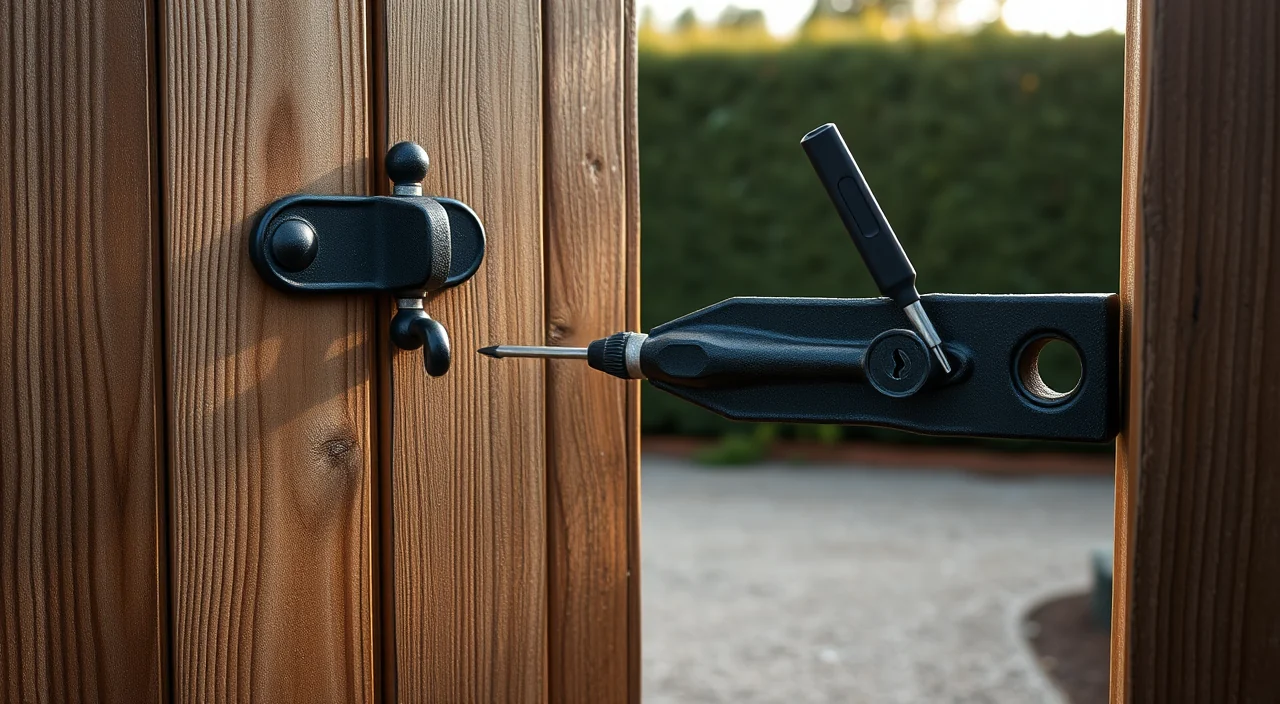 A wrought iron latch and keyed cylinder on a weathered timber garden gate