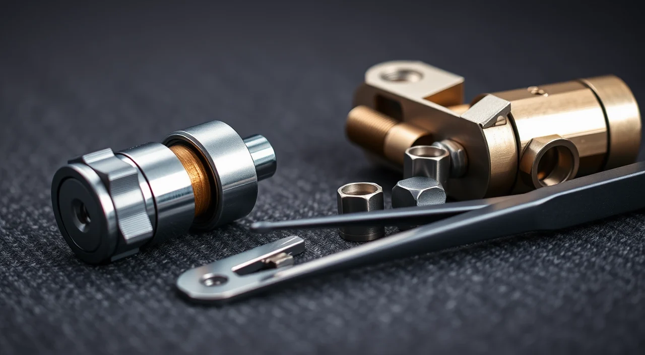 A high-security cylinder disassembled to show its pins, sidebar and hardened inserts