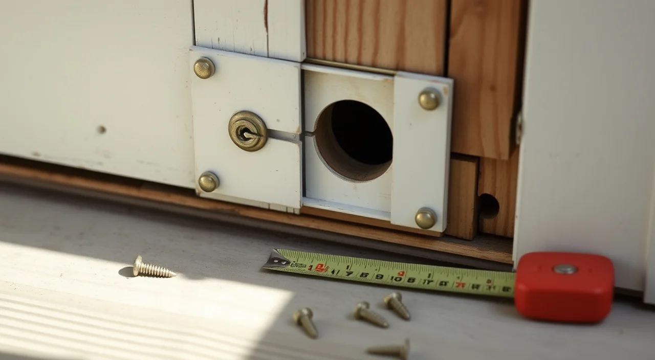 A door jamb with the strike plate removed showing a shallow bolt pocket beside short and long screws