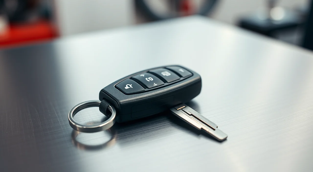 A Honda car key fob with a metal blade key on a dark automotive locksmith workbench