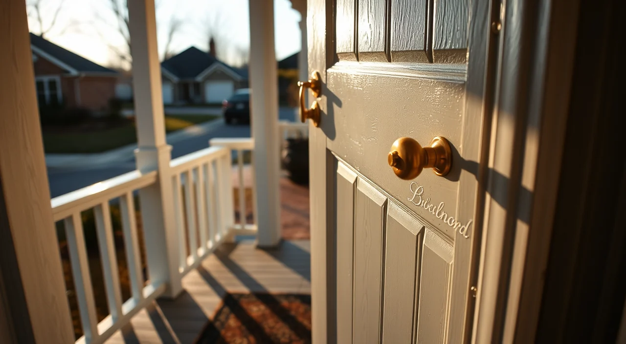 A closed front door with a brass deadbolt above a worn lever handle