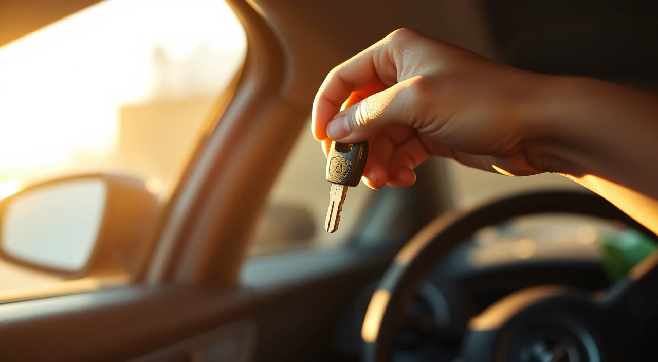 A newly cut key being inserted into a car ignition