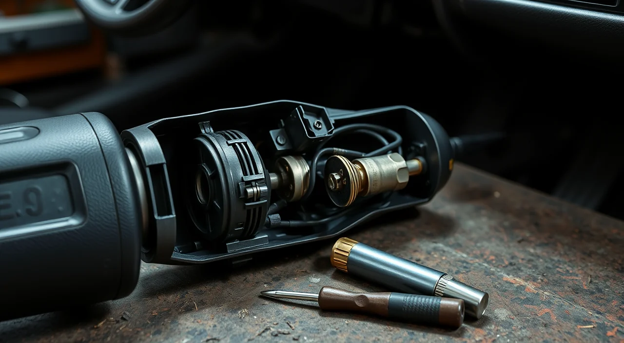 A car ignition lock cylinder partly removed from the steering column
