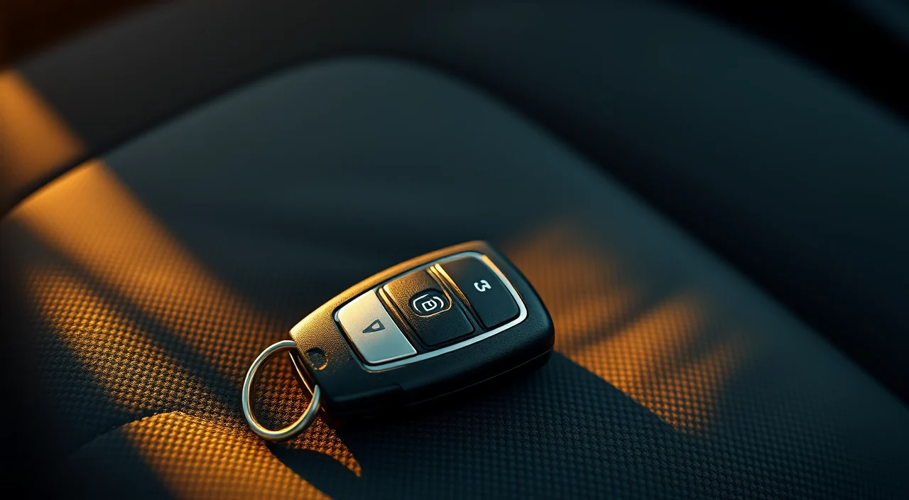 A Jeep car key fob with a metal blade key on a dark automotive locksmith workbench
