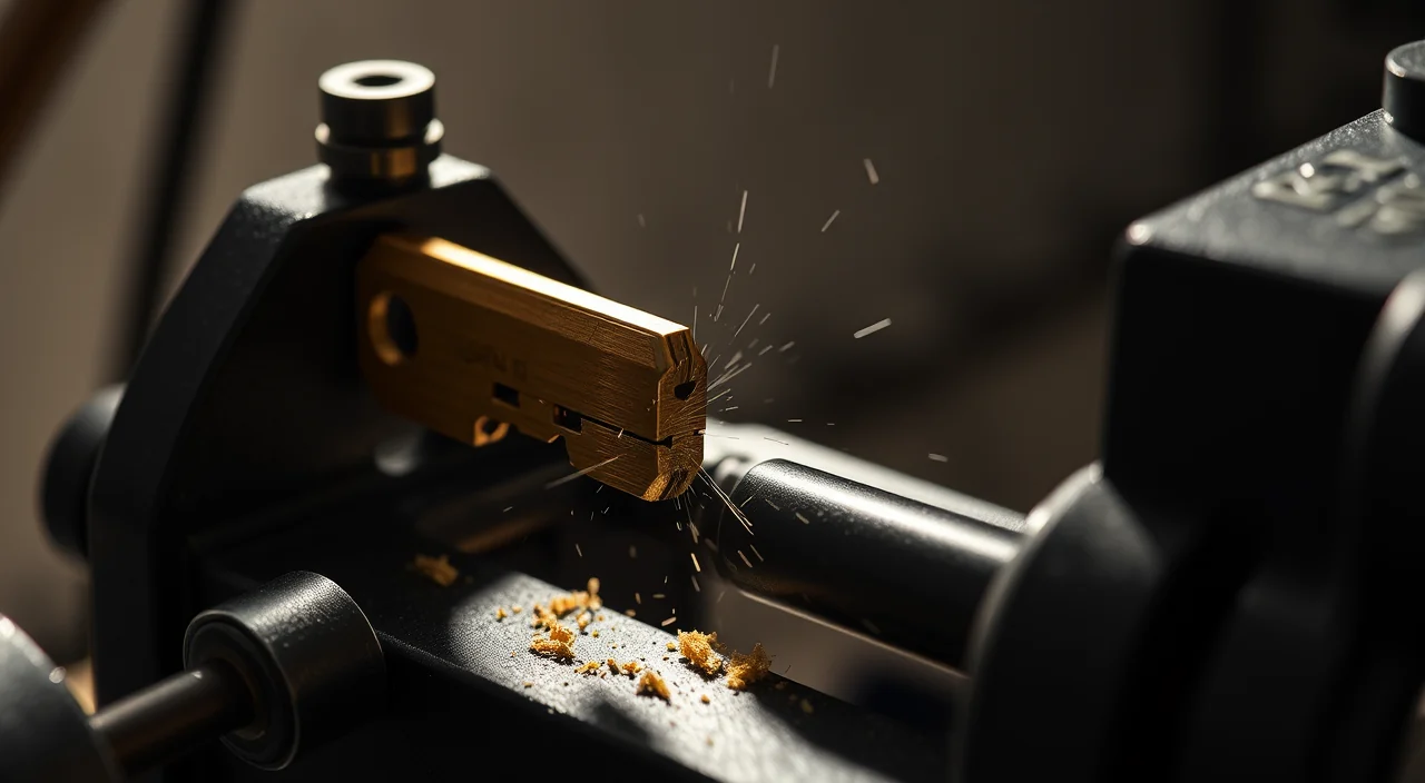 A brass house key being traced and cut on a key duplicating machine