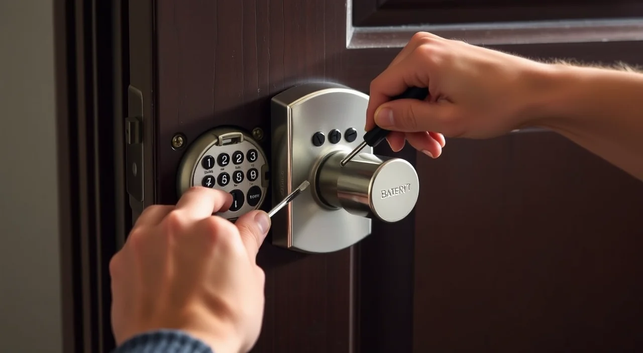 Hands fitting the interior half of a battery powered keypad deadbolt to a door