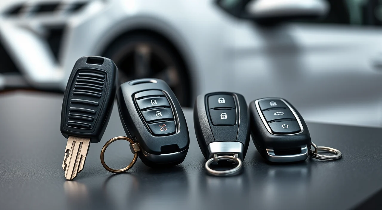 A flip key and three car remote fobs on a workbench with a vehicle behind