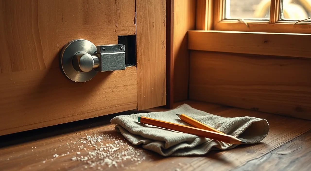 A deadbolt latch assembly partly withdrawn from the edge of a timber door during fitting