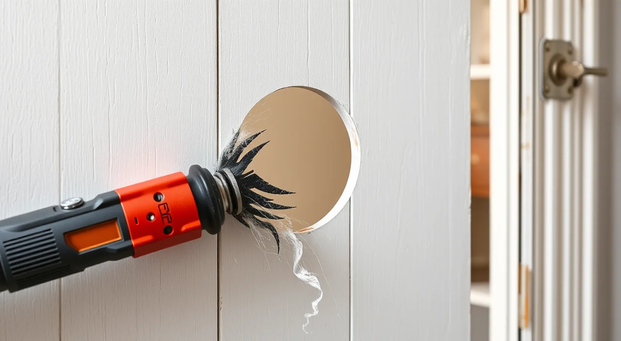 A hole saw and boring jig cutting a lock bore through a painted door