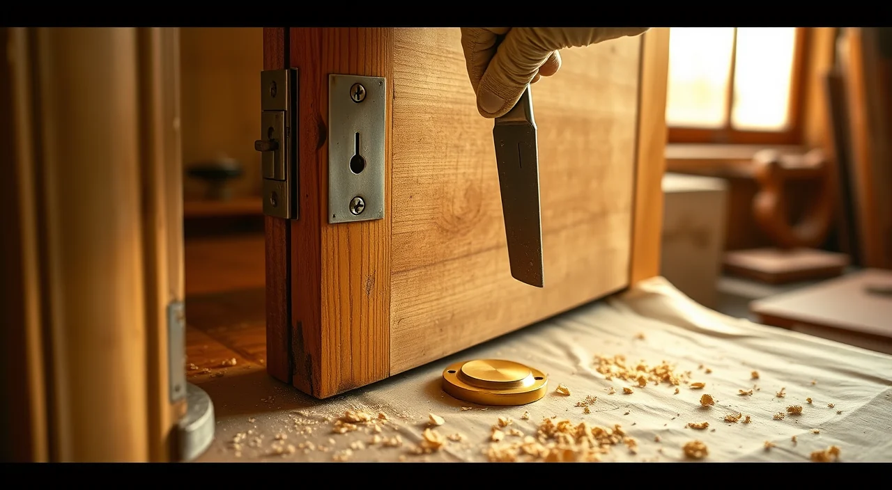 A door edge with the latch faceplate exposed while the deadbolt case rests below