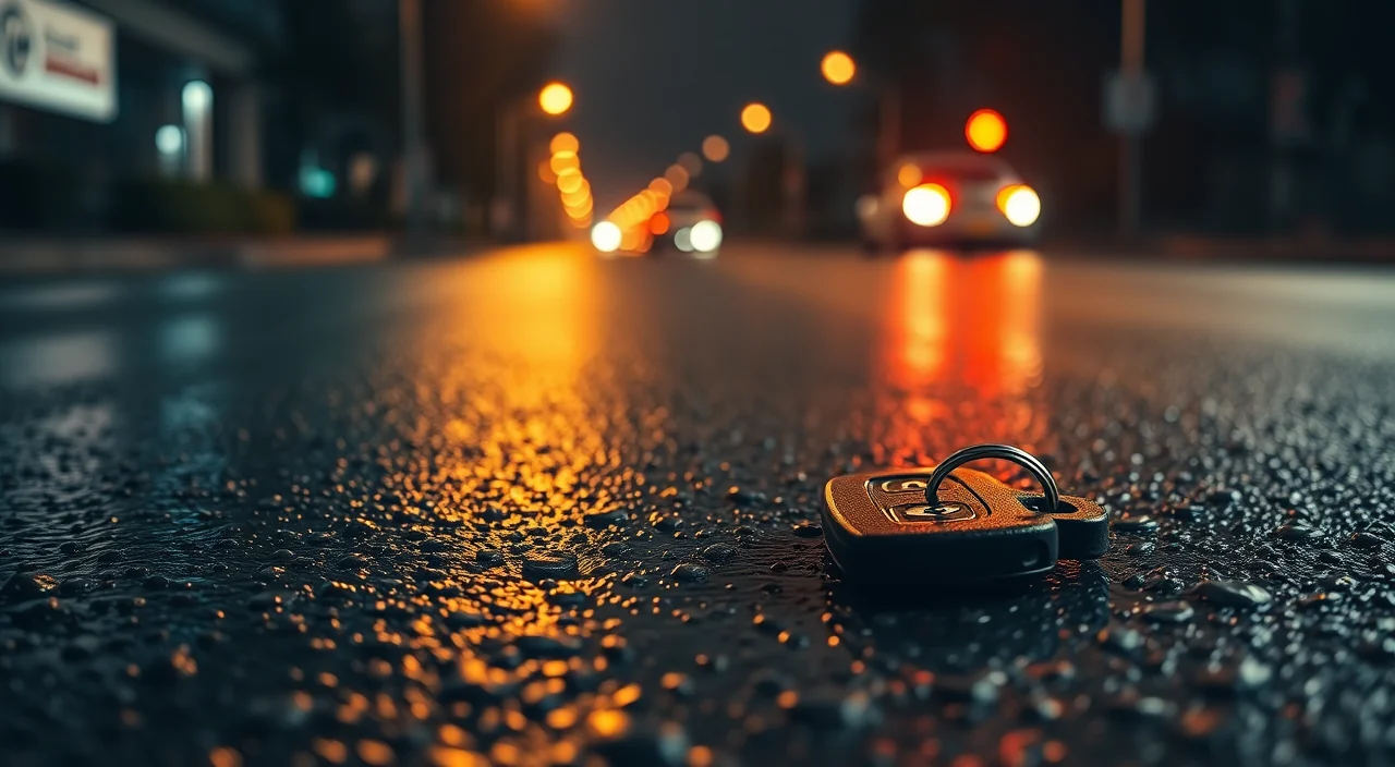 A car key lying alone on wet asphalt under a streetlight at night