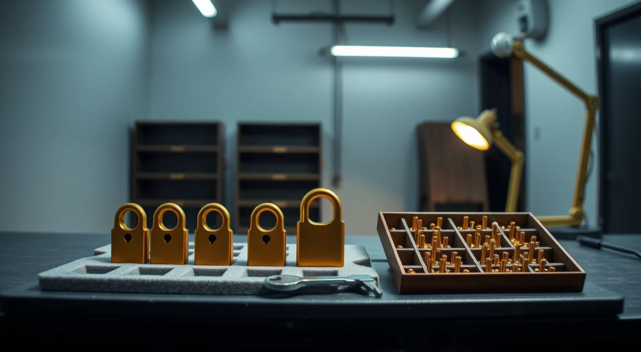 Interchangeable lock cores standing in a foam tray beside an open pinning kit