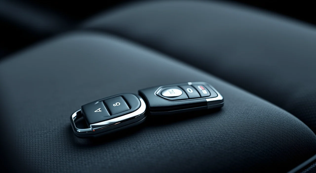A Mercedes-Benz car key fob with a metal blade key on a dark automotive locksmith workbench