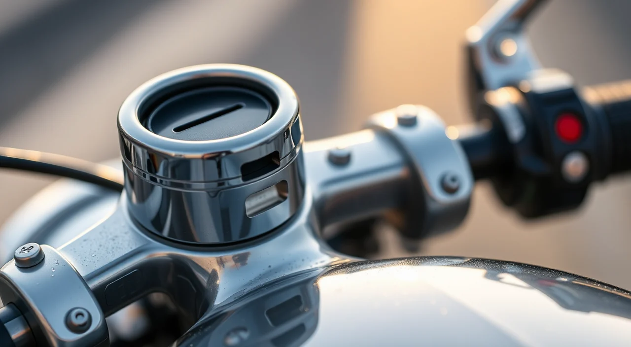 The empty chrome ignition barrel on a motorcycle top yoke