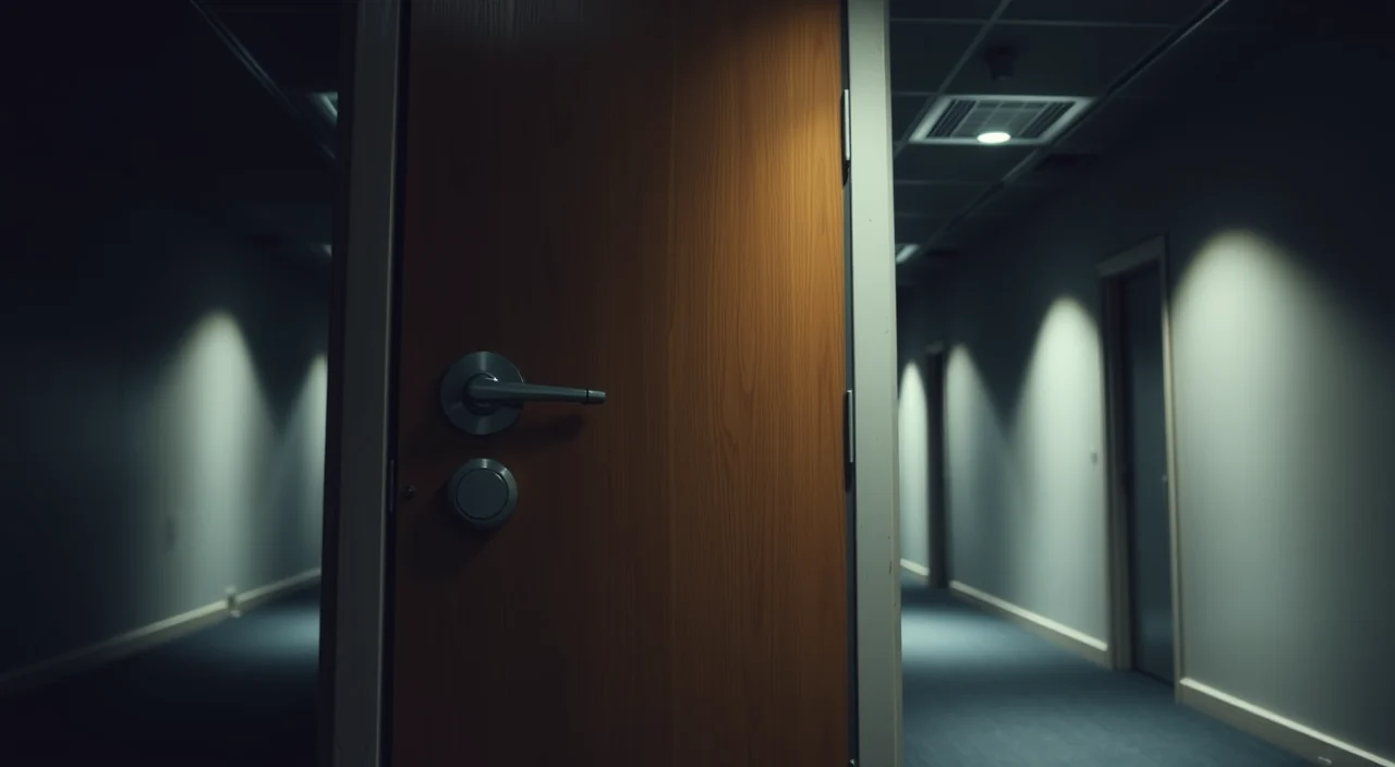 A closed interior office door with a lever handle in a dim commercial corridor