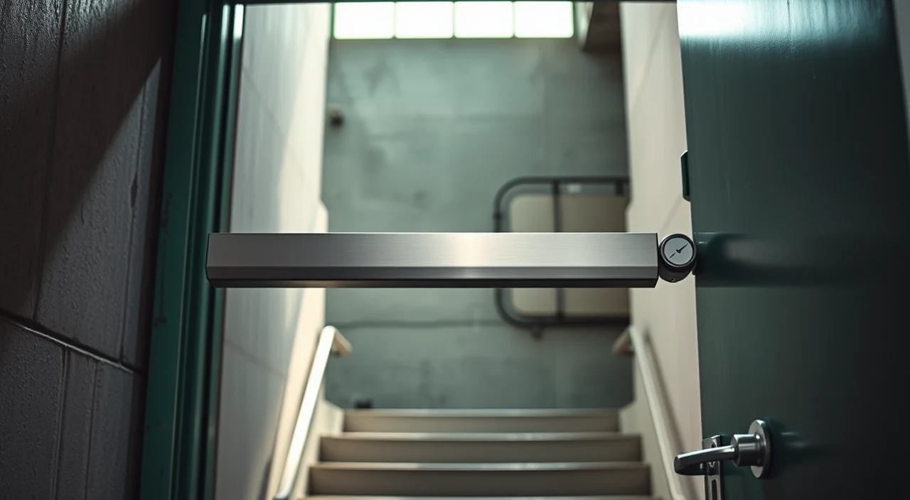 A stainless steel push bar exit device on the inside face of a steel exit door