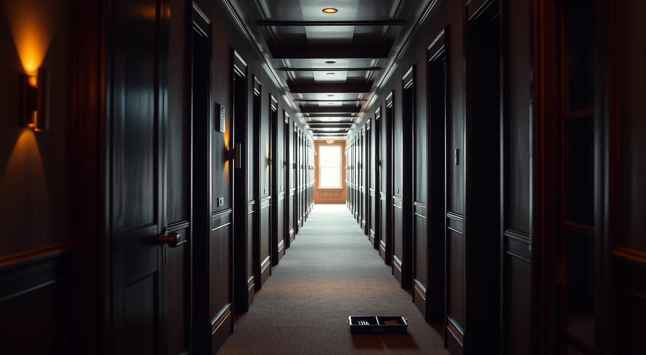 A repeating apartment corridor with one door open and a small parts tray on the floor beside it