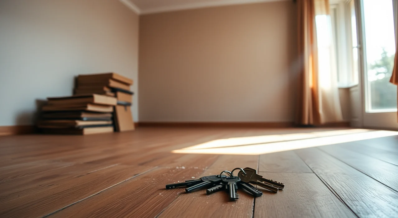 A bunch of assorted old keys on the bare floor of an empty room during a move