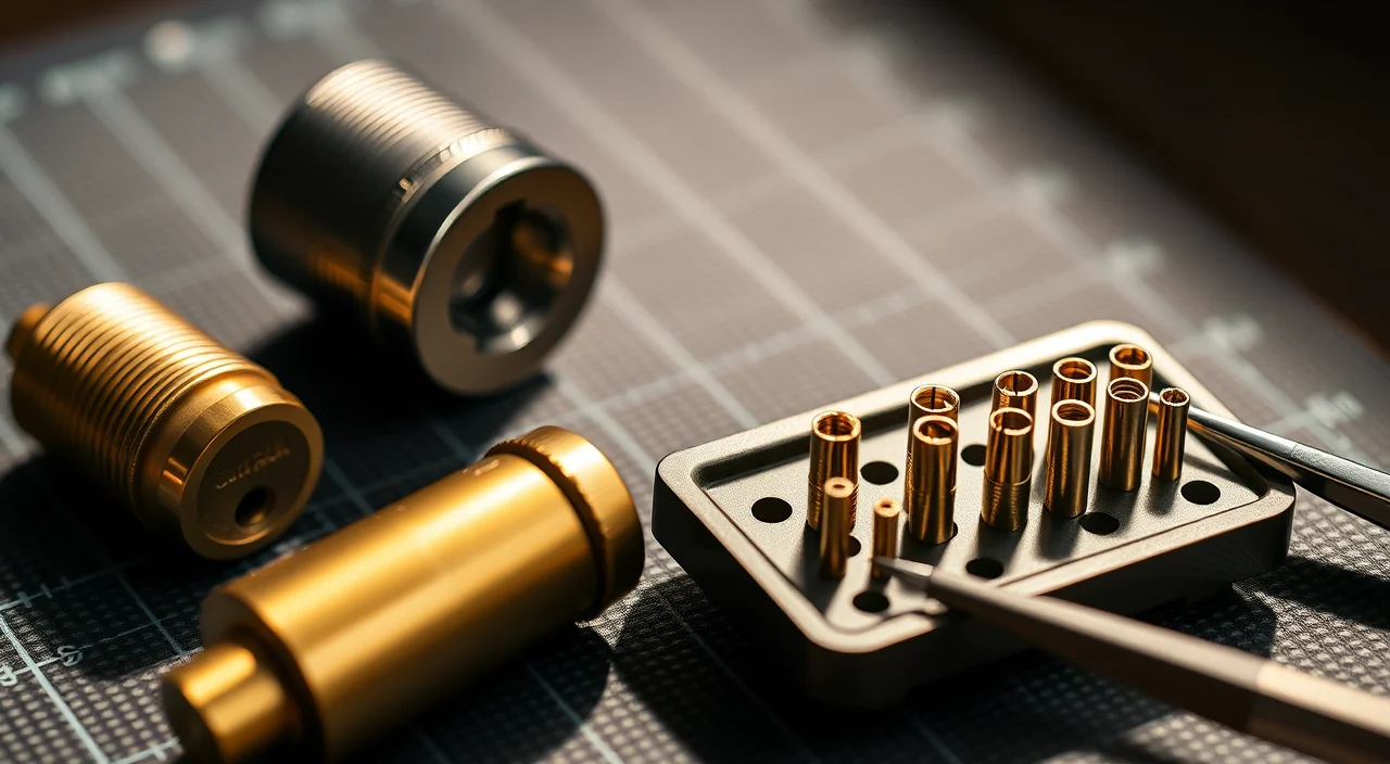A lock plug and plug follower on a bench beside brass pin tumblers sorted by height