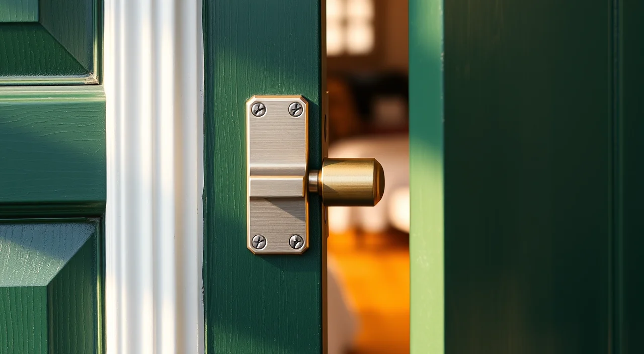 A deadbolt with the bolt extended into a brass strike plate on a door jamb