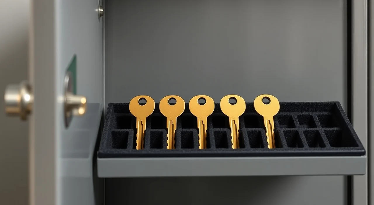 Identical brass keys standing in a foam insert inside an open steel key cabinet