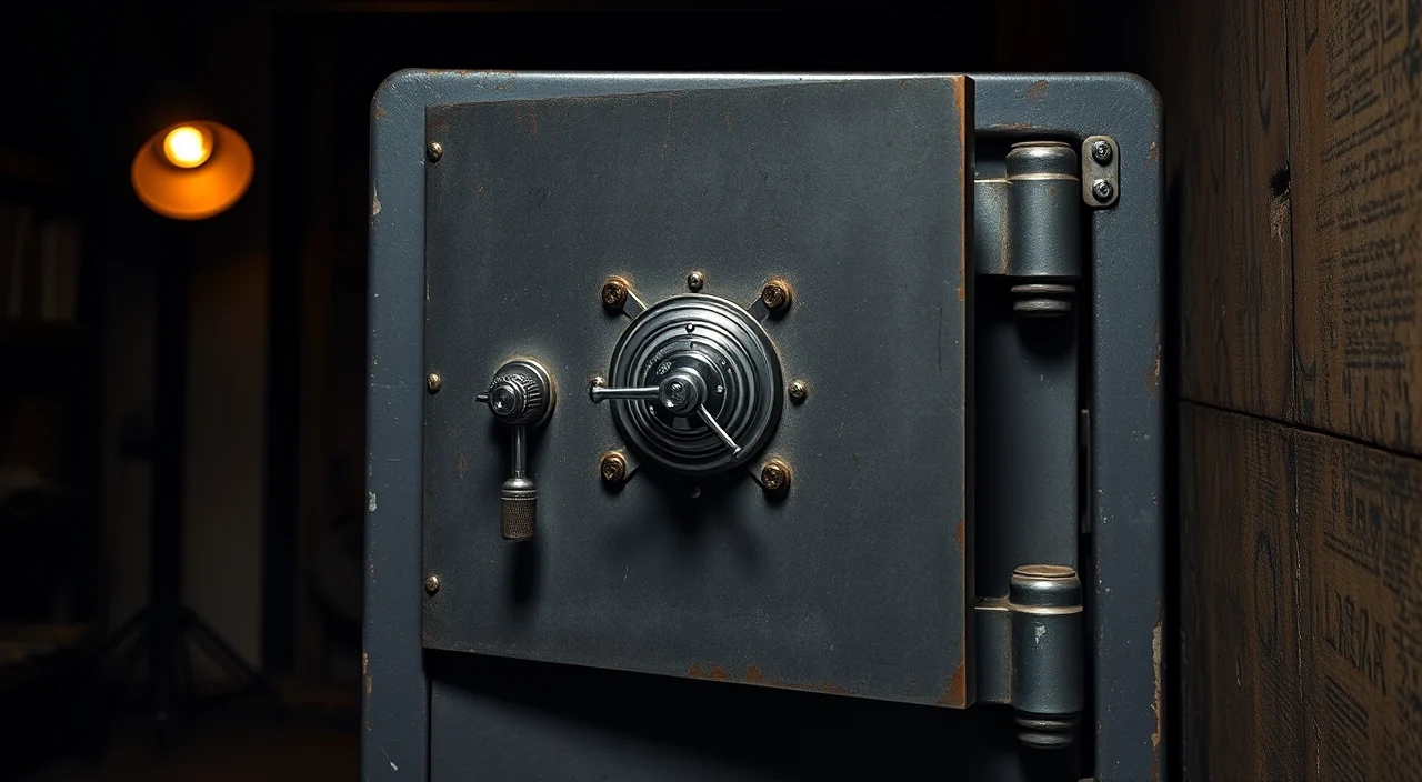 A vintage steel safe door standing ajar showing the combination dial and bolt work