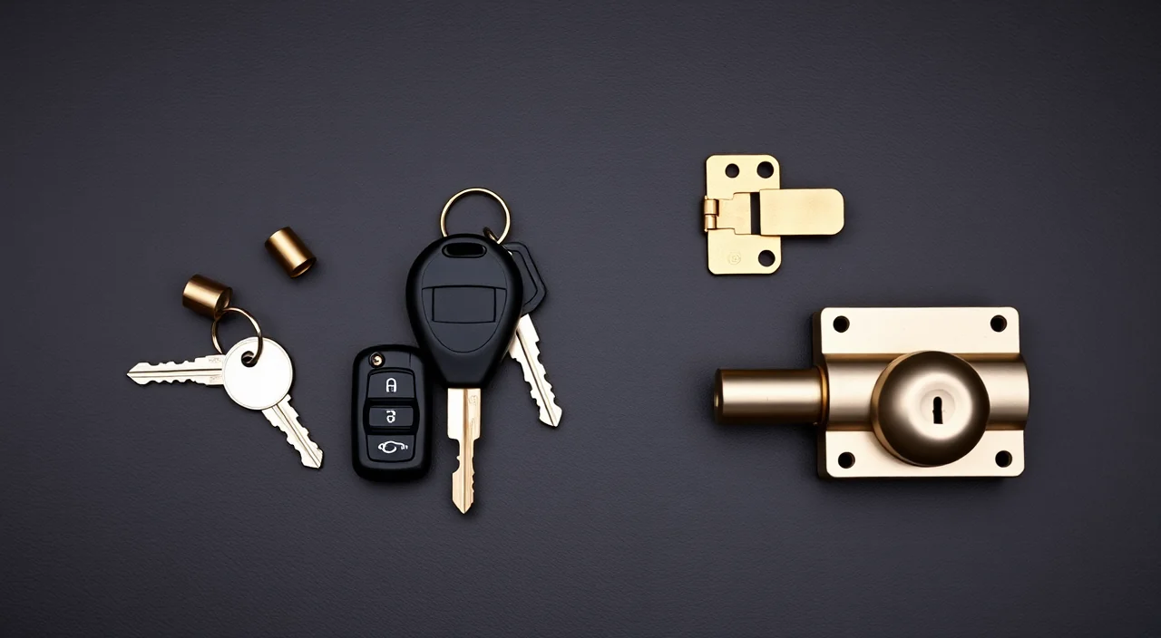 Locksmith tools and hardware arranged in four groups: pins, house keys, a car fob and a commercial cylinder