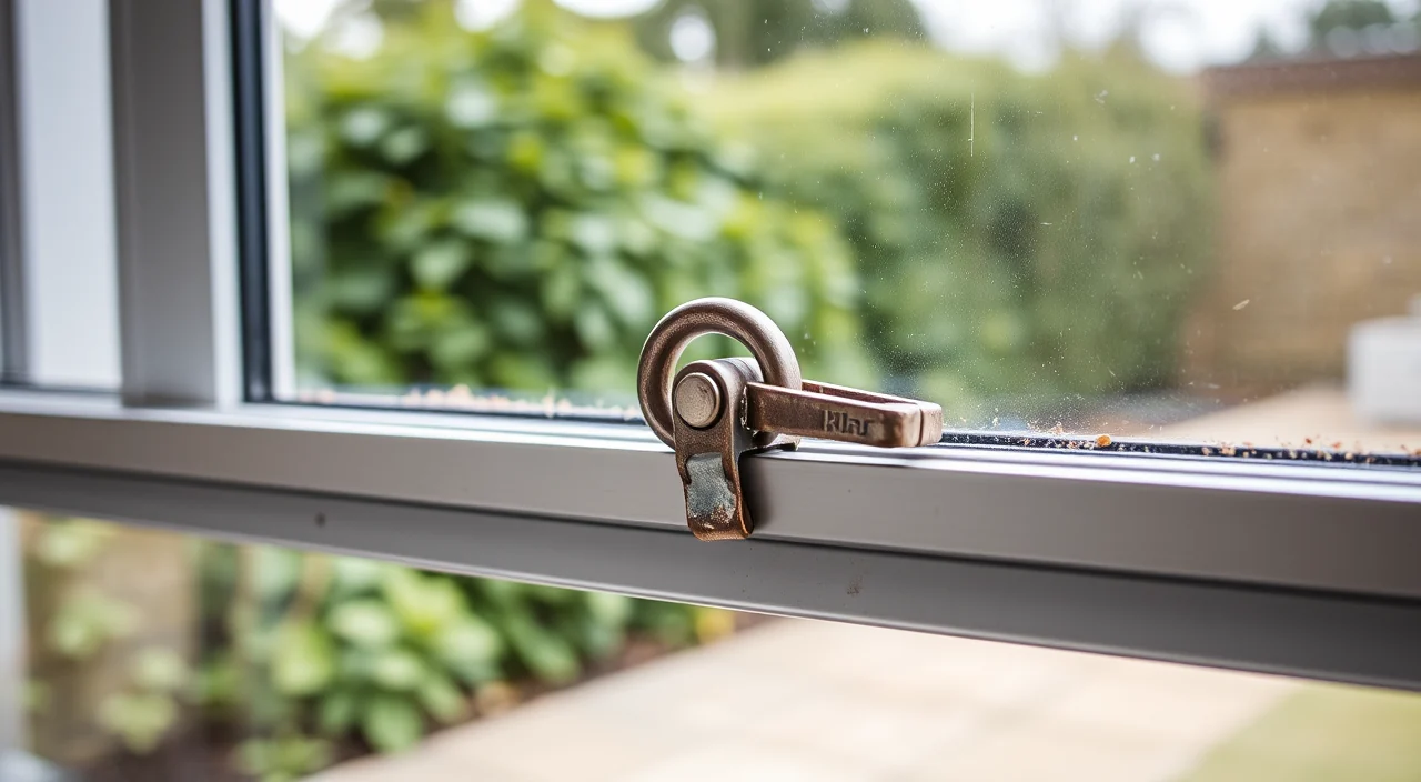 The hook latch and keeper on the meeting stile of a sliding patio door