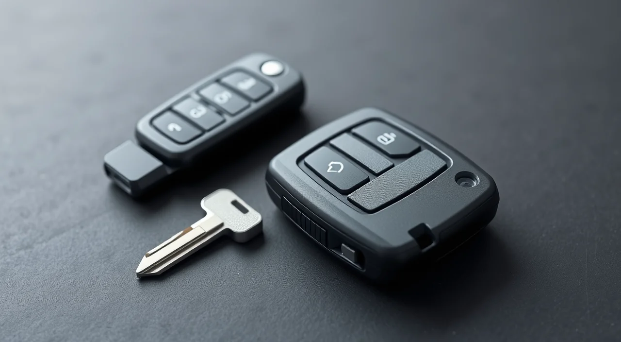A proximity smart key fob with its hidden emergency blade extended, beside a second fob and a programming reader